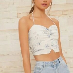 Le Lis Collection Blue White Tropical Toile Halter Crop Top Womens S